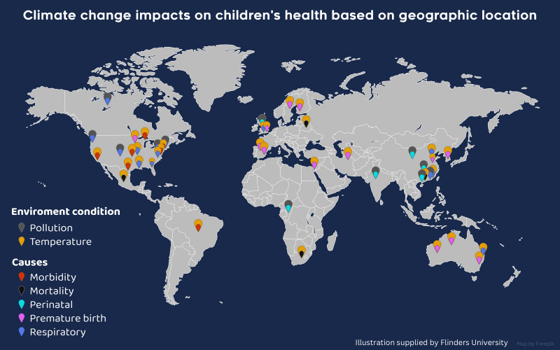 Map - Climate change impacts on children's health based on geographic location 